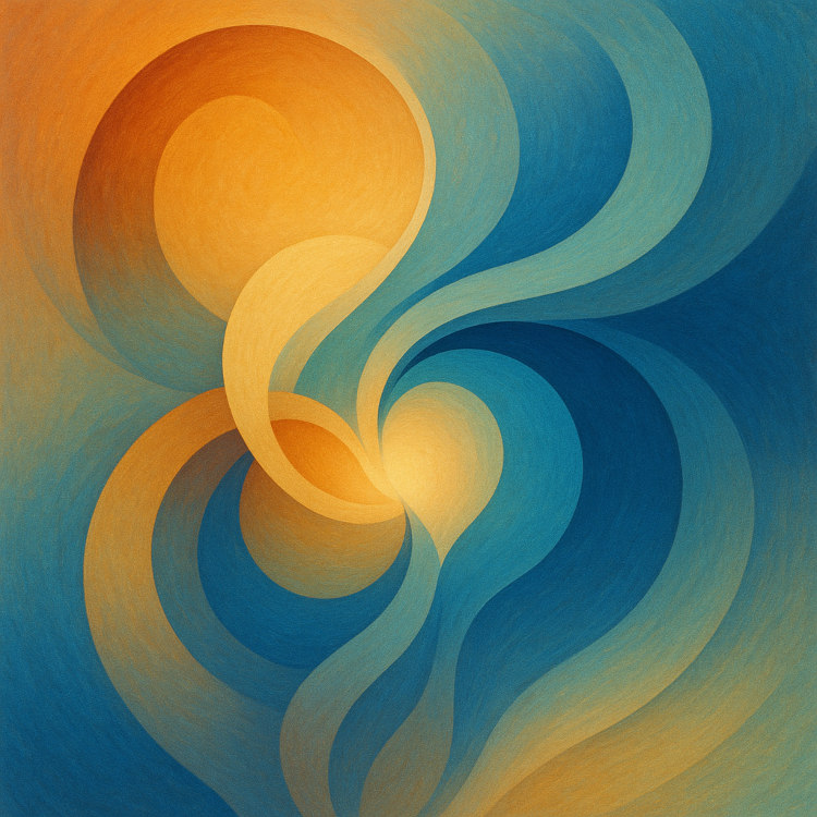 Illustrazione astratta dell’equilibrio tra vita familiare e lavoro, con forme fluide e colori caldi e freddi intrecciati