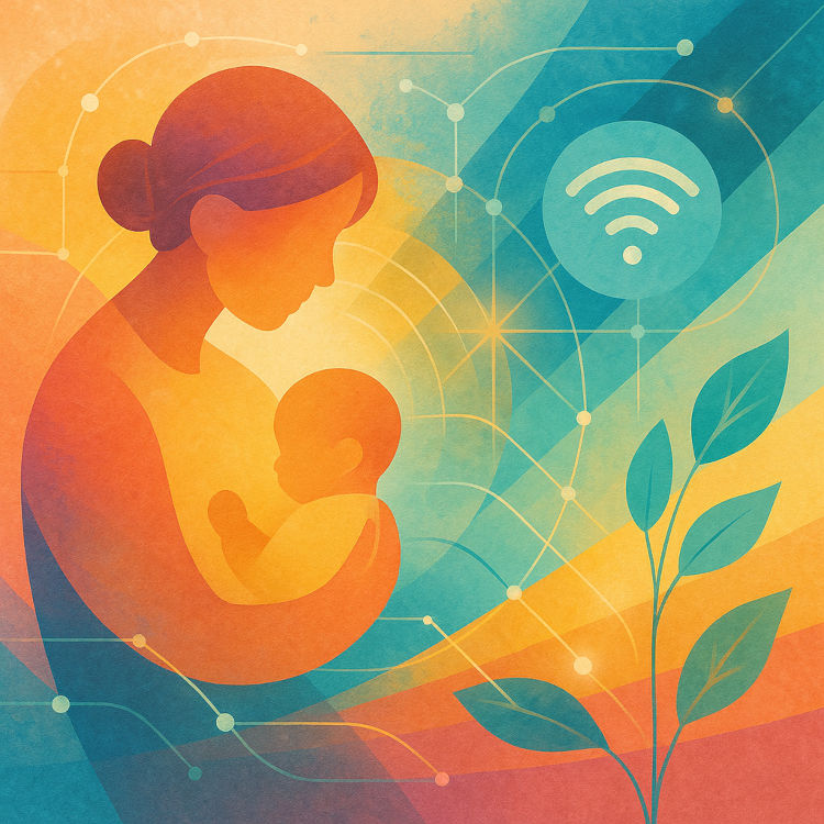 Illustrazione moderna di una madre che abbraccia il figlio, con elementi digitali e naturali intrecciati a simboleggiare il legame tra tecnologia, amore e crescita consapevole.