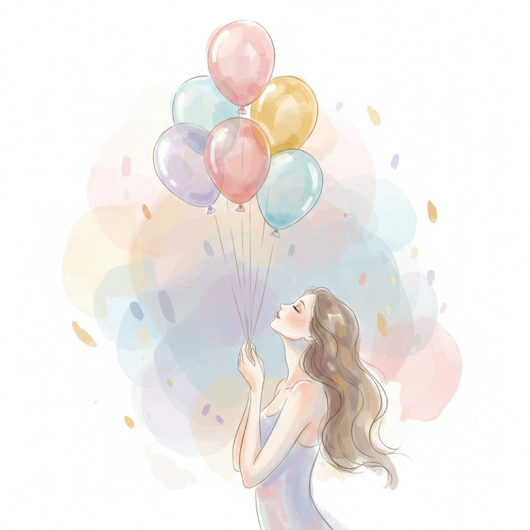 Illustrazione delicata di una madre che guarda palloncini colorati che si librano in aria, simbolo dei sogni segreti e delle aspettative nella genitorialità.