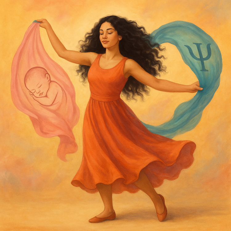 Donna che danza con teli simbolici di maternità e psicologia, equilibrio tra cura del bambino e professione terapeutica