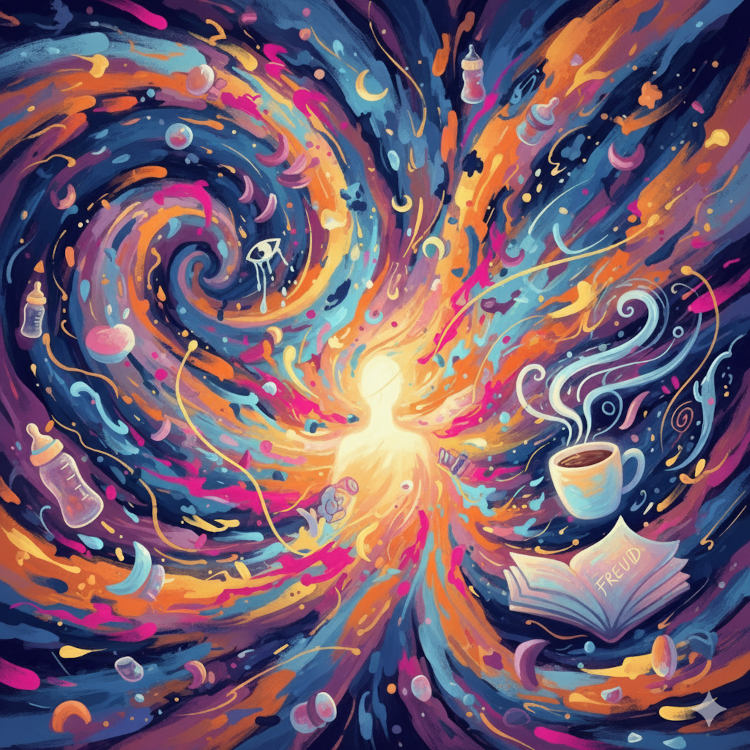 Illustrazione astratta e colorata che rappresenta il caos e la bellezza della vita di una neomamma psicoterapeuta, con elementi come biberon, un libro di Freud e caffè che fluttuano attorno a una figura luminosa.