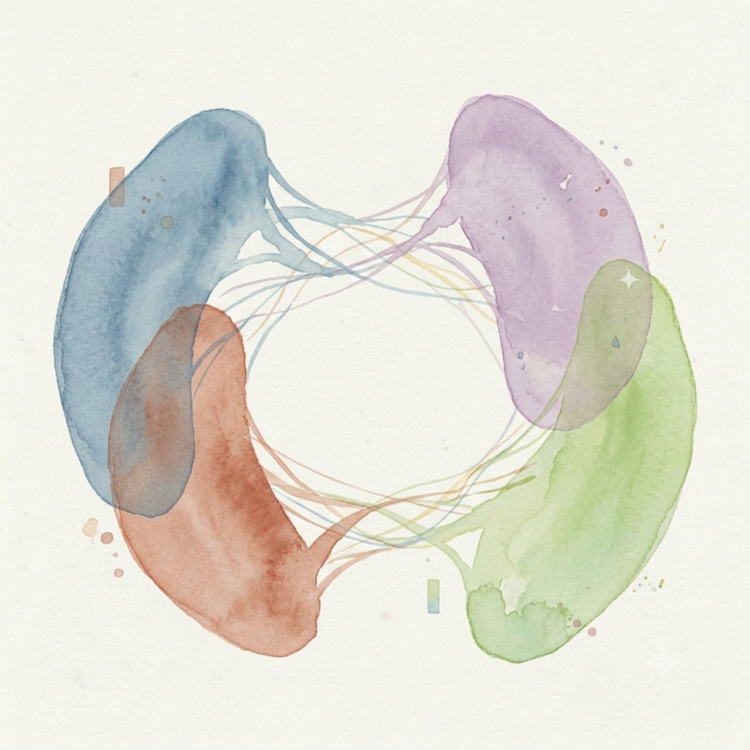 Due forme acquerellate asimmetriche e distanti su sfondo avorio, collegate da sottili filamenti colorati, simbolo di connessione autentica nel limite.