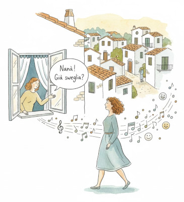 Illustrazione di Nanà che cammina per le vie del paese di San Potito, accompagnata da note musicali ed emoji felici, mentre un'altra donna la saluta da una finestra dicendo 'Nanà! Già sveglia?'. Rappresenta il 'microcosmo di mille anime' e la rassicurante quotidianità.