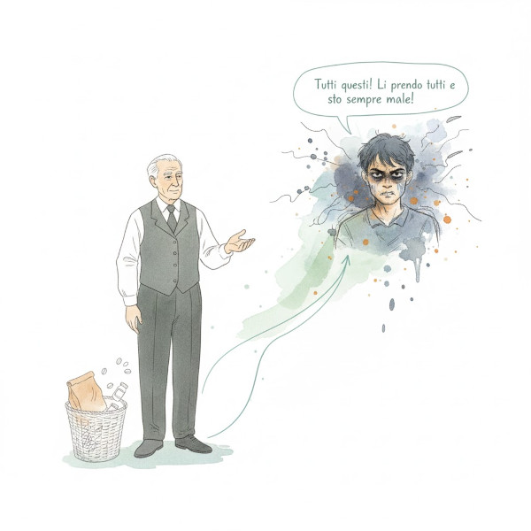 Illustrazione di nonno Peppe che indica un cestino pieno di medicinali. Accanto a lui, un fumetto raffigura il giovane paziente arrabbiato che esclama: 'Tutti questi! Li prendo tutti e sto sempre male!', simboleggiando la cura alternativa proposta dal nonno.