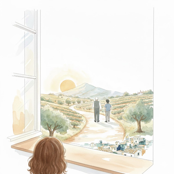 Illustrazione che mostra Nanà bambina di spalle che osserva da una finestra nonno Peppe e il giovane paziente allontanarsi su una strada sterrata tra vigne e ulivi al tramonto. La scena simboleggia l'inizio del cammino verso la guarigione e la consapevolezza. 