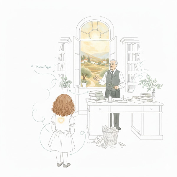 Illustrazione che mostra Nanà bambina di spalle, con un cuore luminoso sulla schiena, che osserva Nonno Peppe, anziano e distinto, nel suo studio. Il nonno si trova dietro un'ampia scrivania con libri e una cesta della spazzatura piena di medicinali, con sullo sfondo una finestra aperta che affaccia su un paesaggio campano.